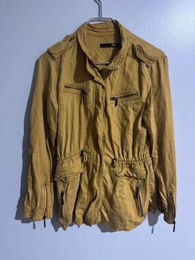 Max Jeans Women’s Yellow Military Jacket Short Full Zip Pockets Long Sleeve S